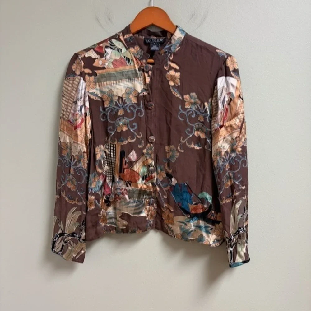 Citron Santa Monica Silk Rayon Button Top M Brown Artsy Lagenlook Boho *flaw - Picture 2 of 16
